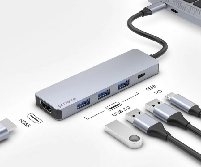 Type-C-Хаб Proove Iron Link 5 in 1 (2*Type-C + 2*USB3.0 + HDMI) (silver)